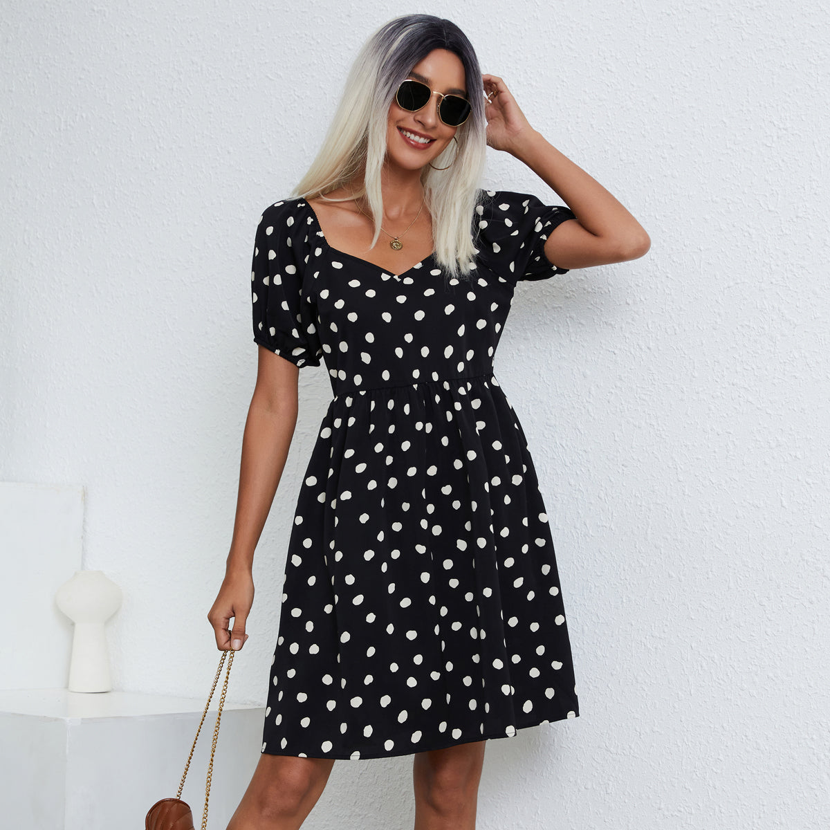 Fashion Dots Print V Neck Casual Dress