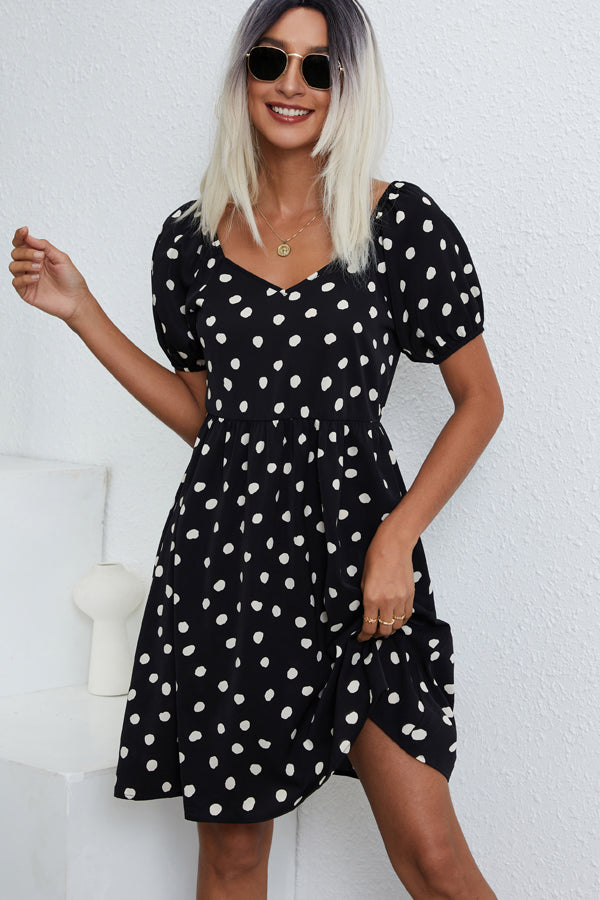 Fashion Dots Print V Neck Casual Dress