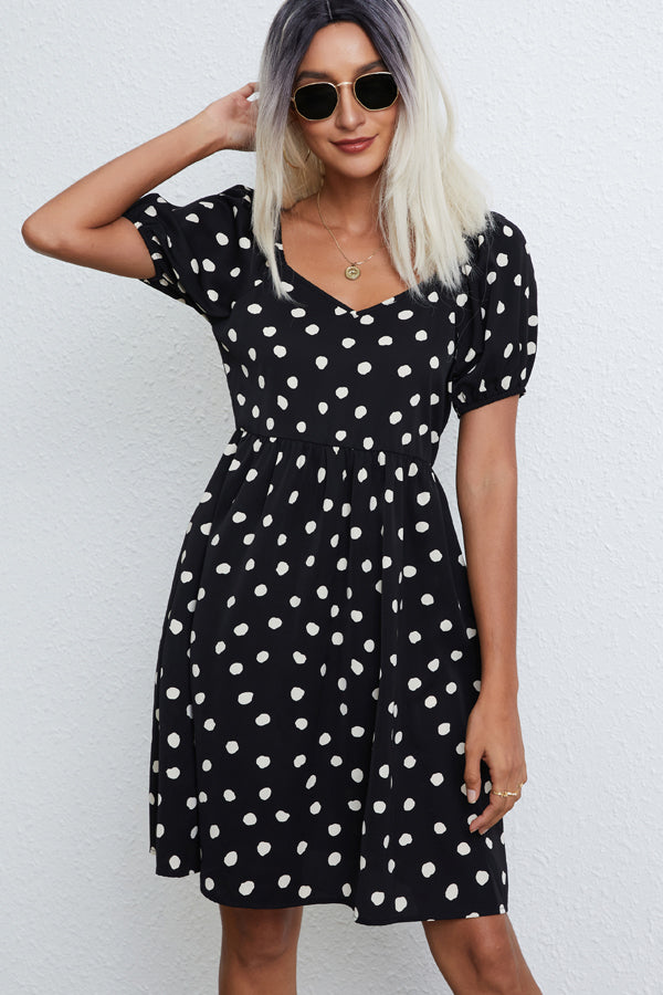 Fashion Dots Print V Neck Casual Dress