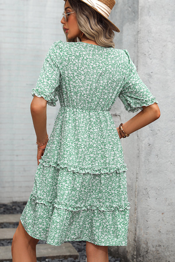 Floral Print Frill V Neck Casual Dress