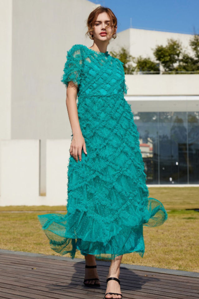 Opulent High Waist Tulle Ruffle Maxi Dress