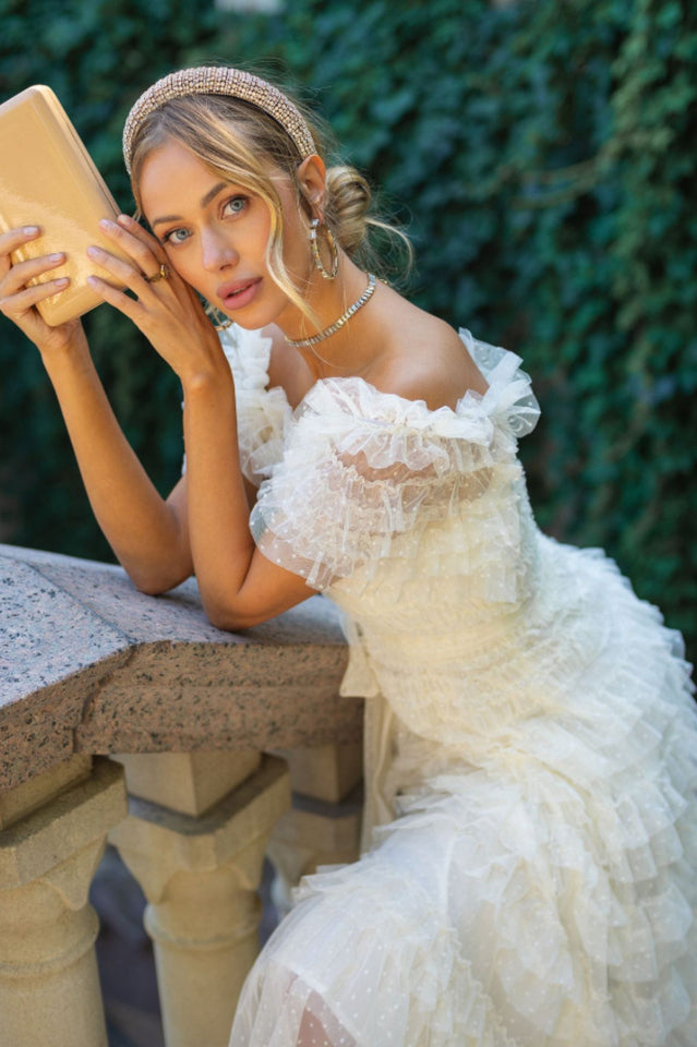 Off Shoulder Dotted Tulle Maxi Dress