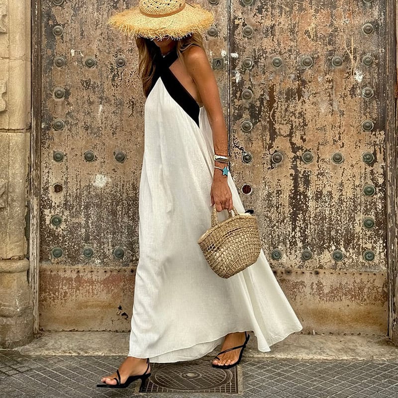 Cross Backless Contrast Color Elegant Dress