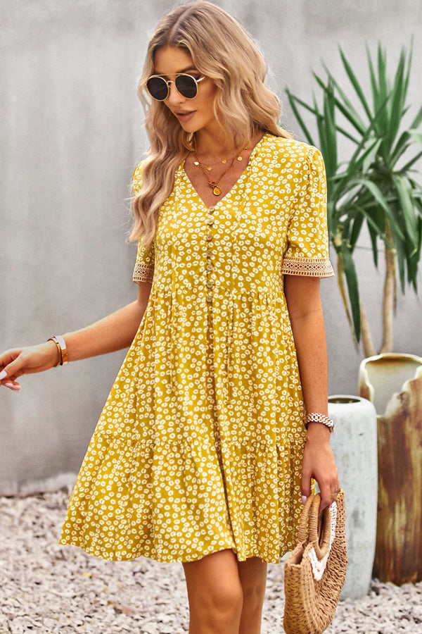 Fashion Floral Print V Neck Button Mini Dress
