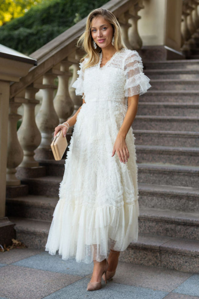 Ruffle Tiered Spotted Tulle Maxi Dress