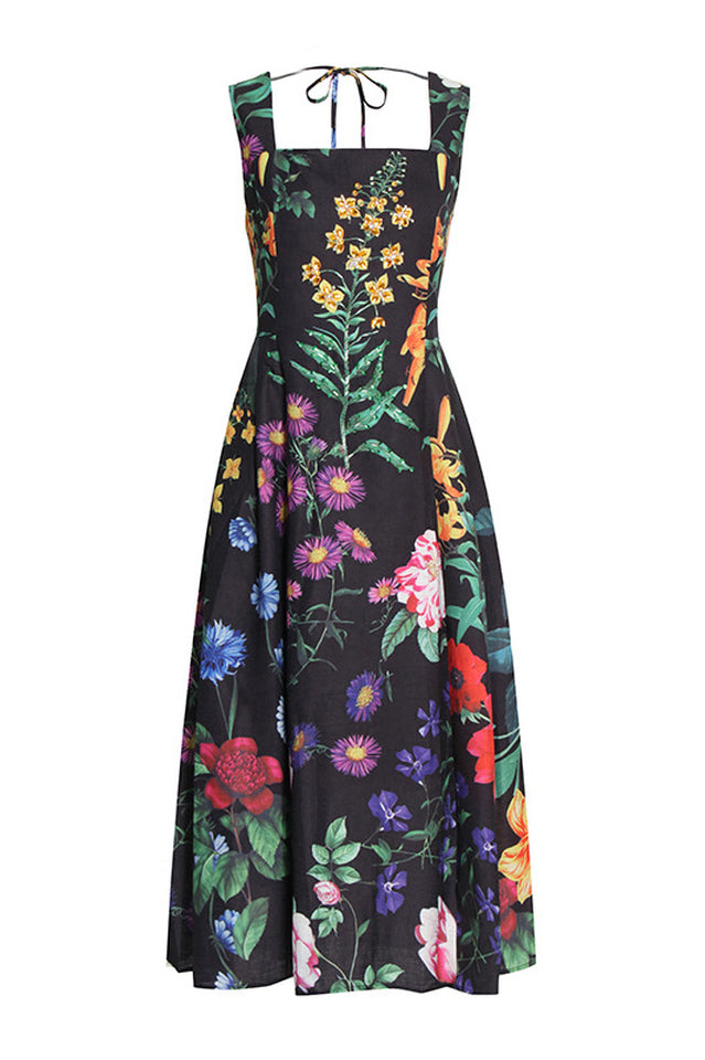 Printed Tie-Back Cotton-Blend Midi Dress