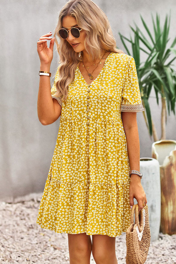 Fashion Floral Print V Neck Button Mini Dress