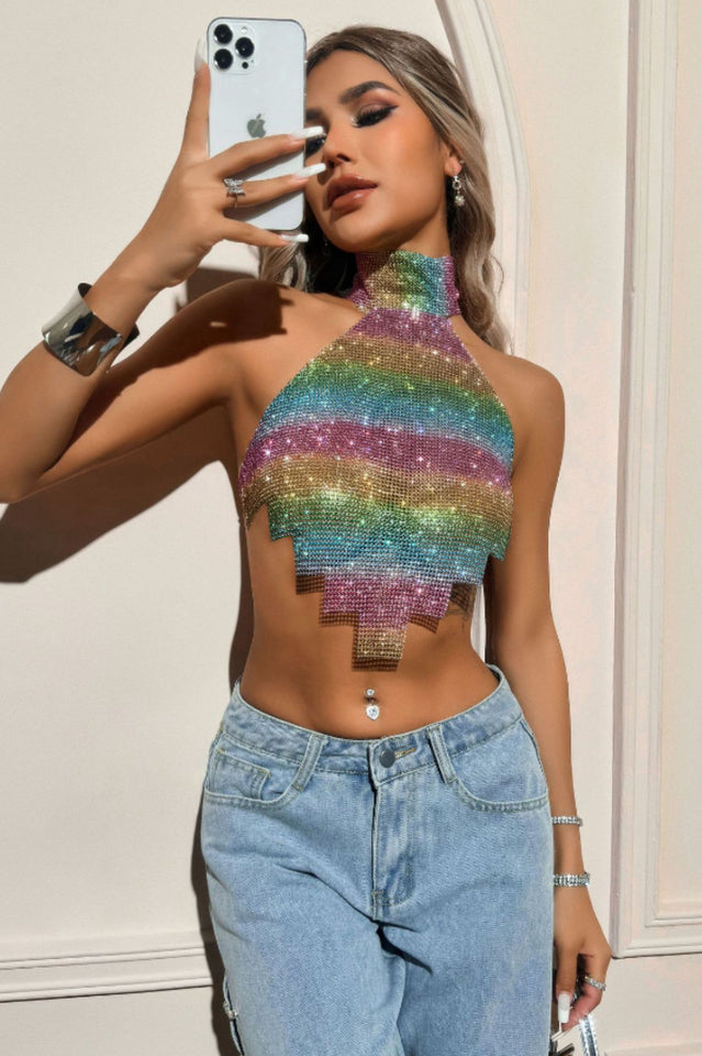 Halter Neck Glitter Rhinestone Backless Top