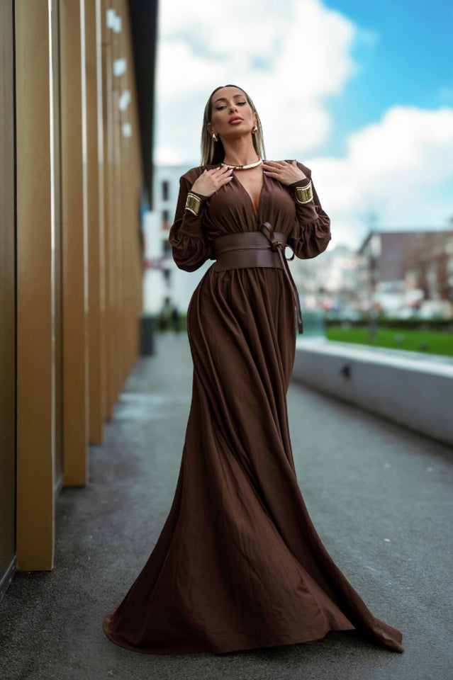 Rosey Tan Maxi Dress With Waist Belt