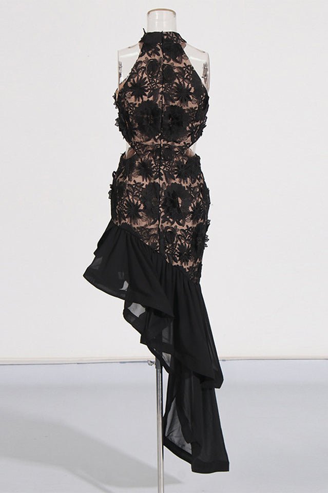 Embroidered 3D Flower Asymmetrical Dress