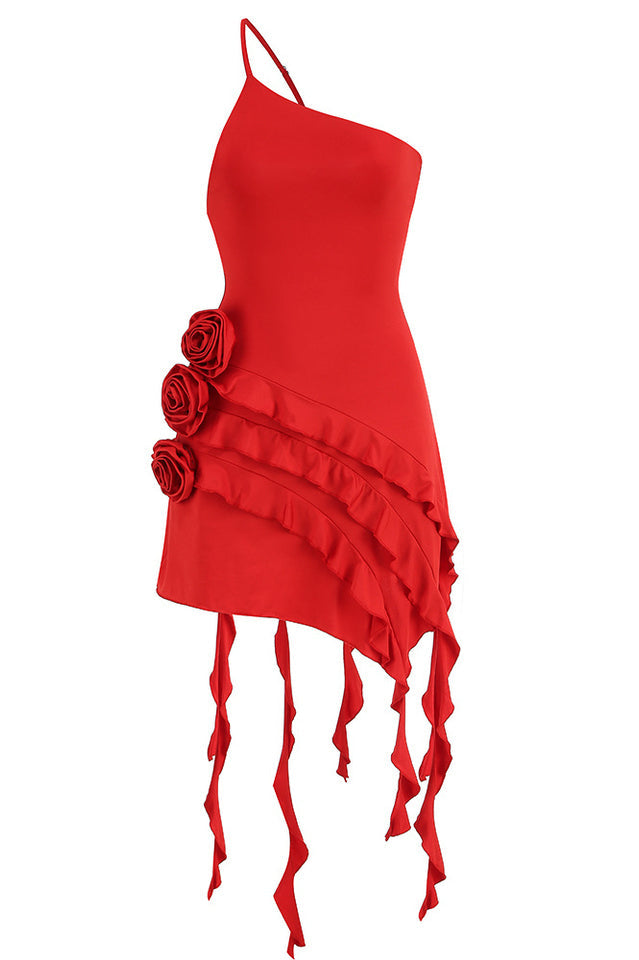 Rose-Detail Ruffled Mini Dress
