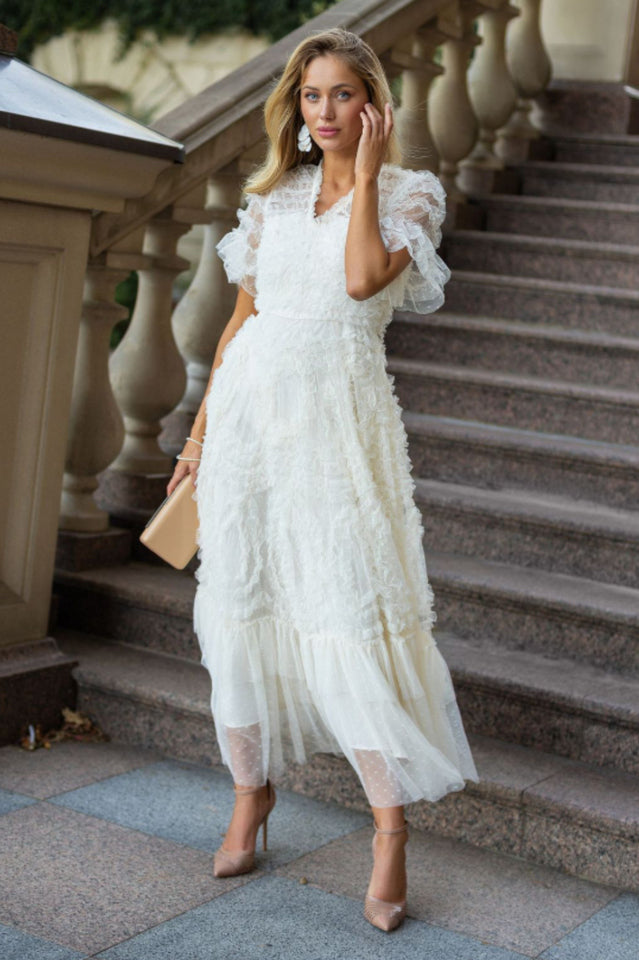 Ruffle Tiered Spotted Tulle Maxi Dress