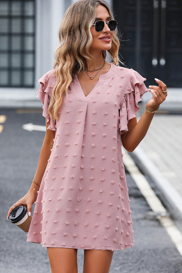 Ruffle Shoulder V Neck Solid Casual Dress