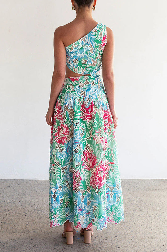 Botanical Print One Shoulder Frill Midi Dress