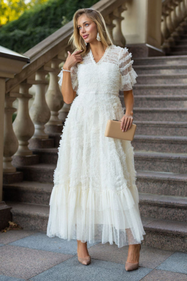 Ruffle Tiered Spotted Tulle Maxi Dress