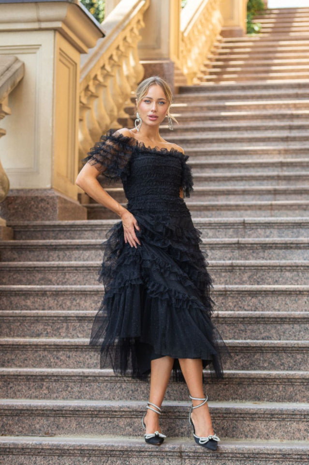 Off Shoulder Dotted Tulle Maxi Dress