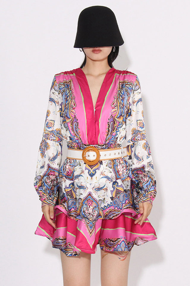 Paisley Print V-Neck Mini Dress With Belt
