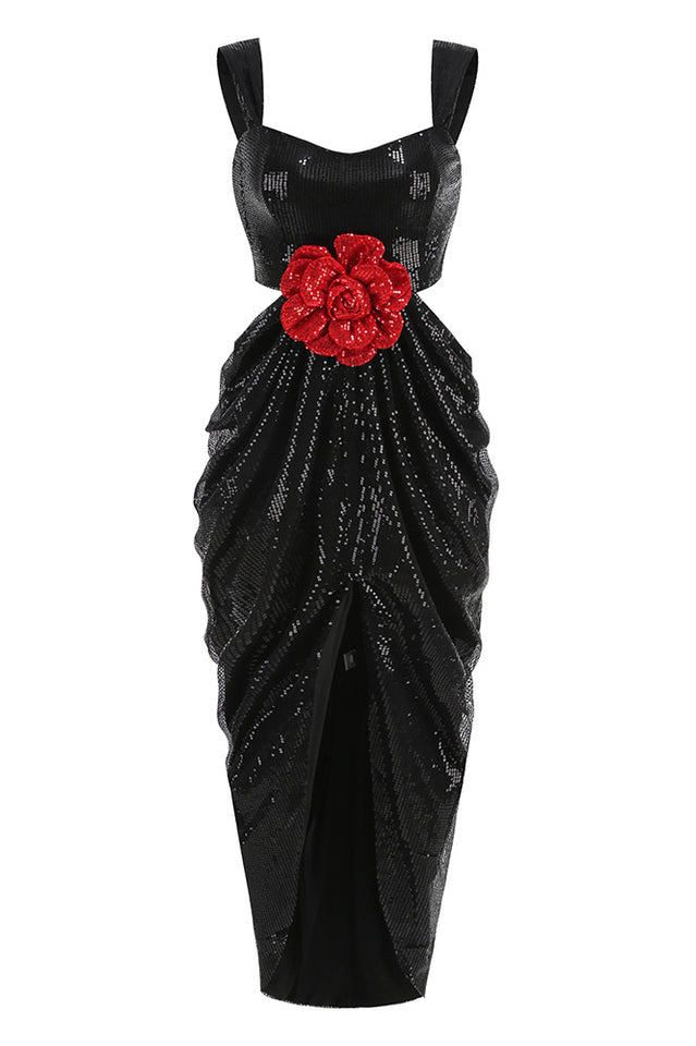 Rosette Cut Out Sequin Maxi Dress