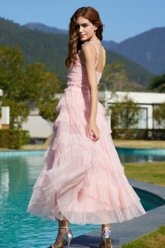 Ruffle V Neck Tiered Tulle Evening Dress