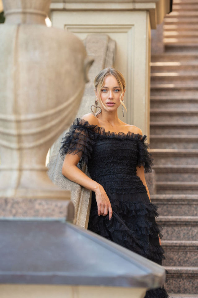 Off Shoulder Dotted Tulle Maxi Dress