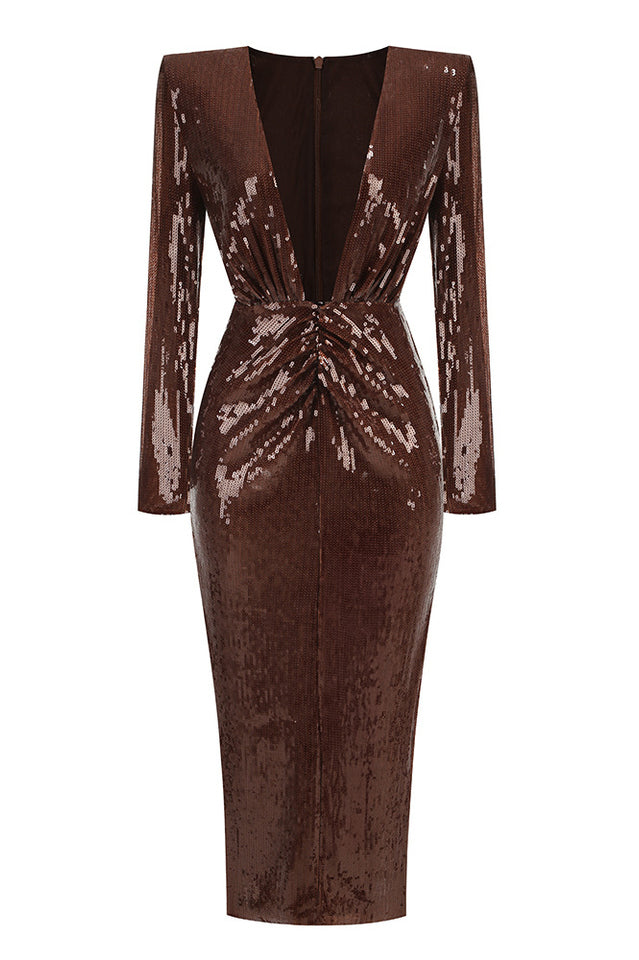 Gathered Sequined Midi Dress in Brown