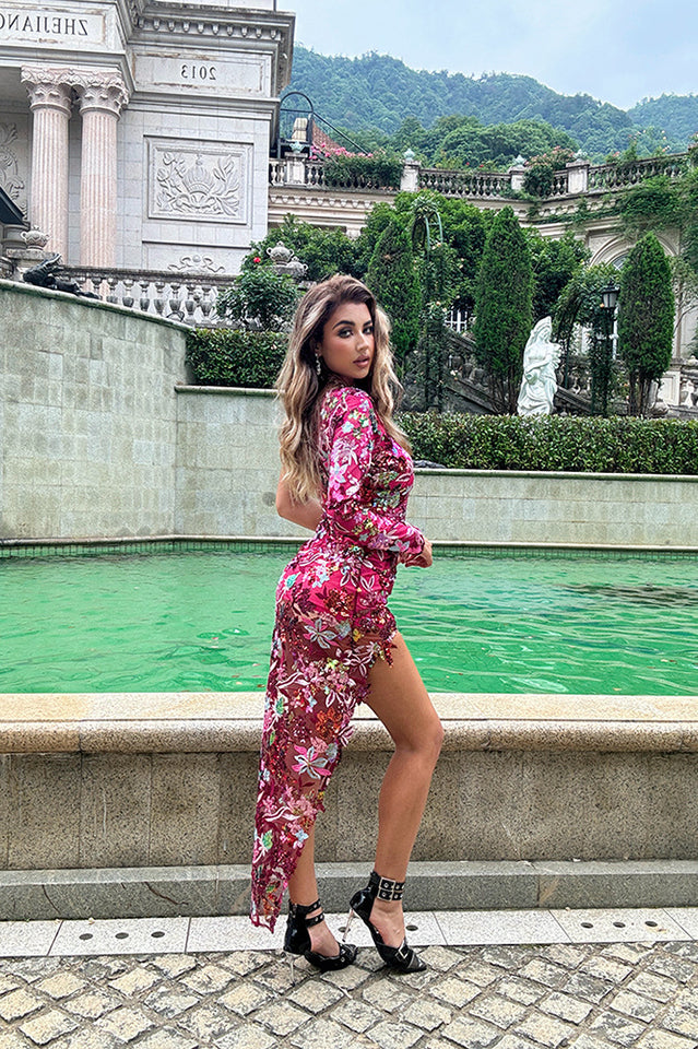 Jangeel Pink Slit Sequin Dress