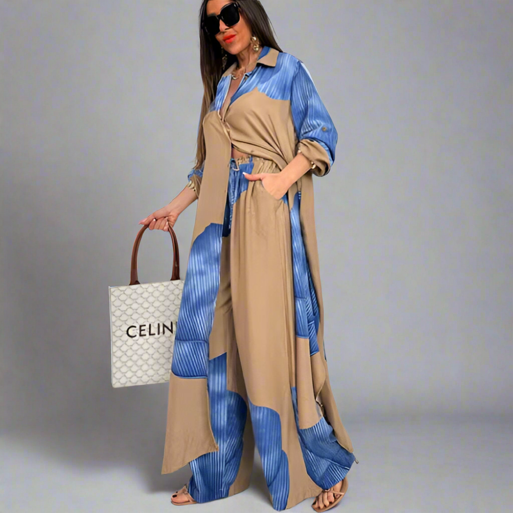 Printed mid-length top and wide-leg pants two-piece set