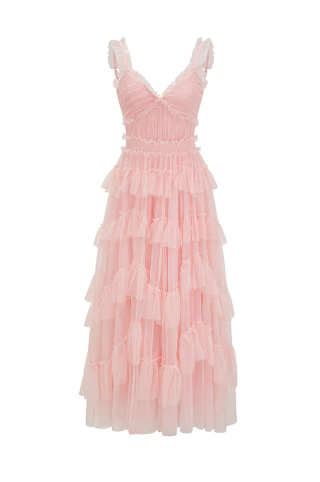 Ruffle V Neck Tiered Tulle Evening Dress