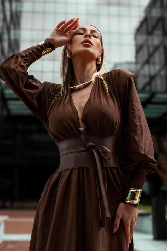 Rosey Tan Maxi Dress With Waist Belt