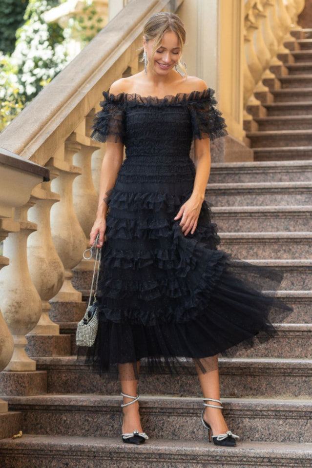Off Shoulder Dotted Tulle Maxi Dress