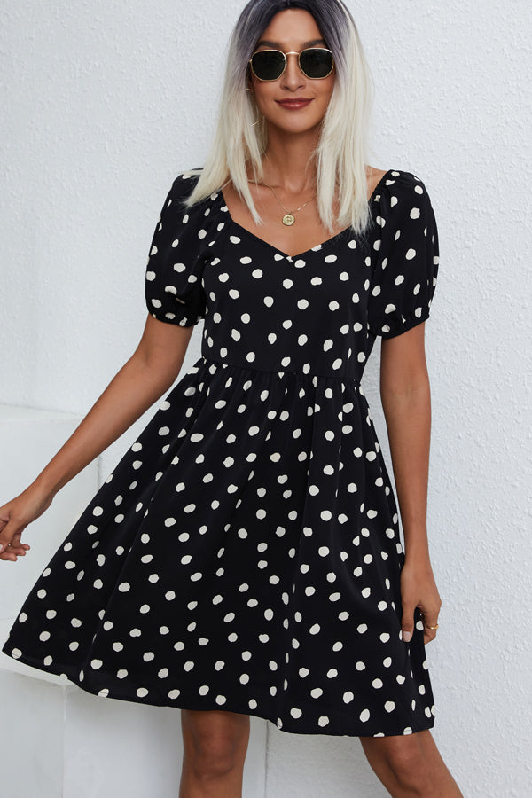 Fashion Dots Print V Neck Casual Dress