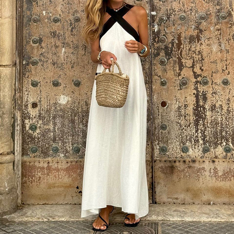 Cross Backless Contrast Color Elegant Dress
