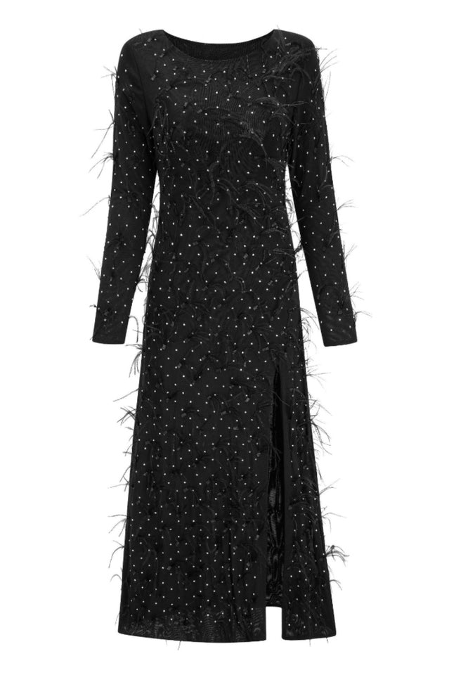 Rhinestone Faux Feather Trim Split Maxi Dress