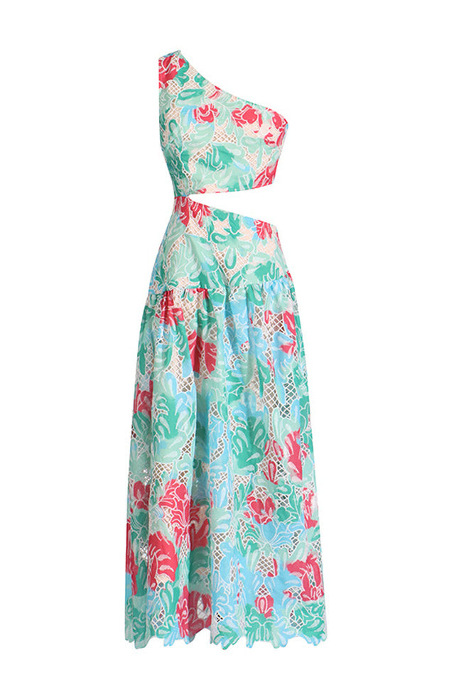 Botanical Print One Shoulder Frill Midi Dress