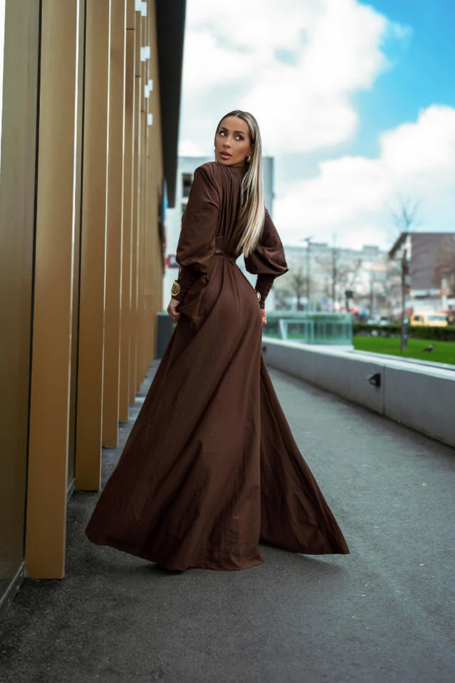 Rosey Tan Maxi Dress With Waist Belt
