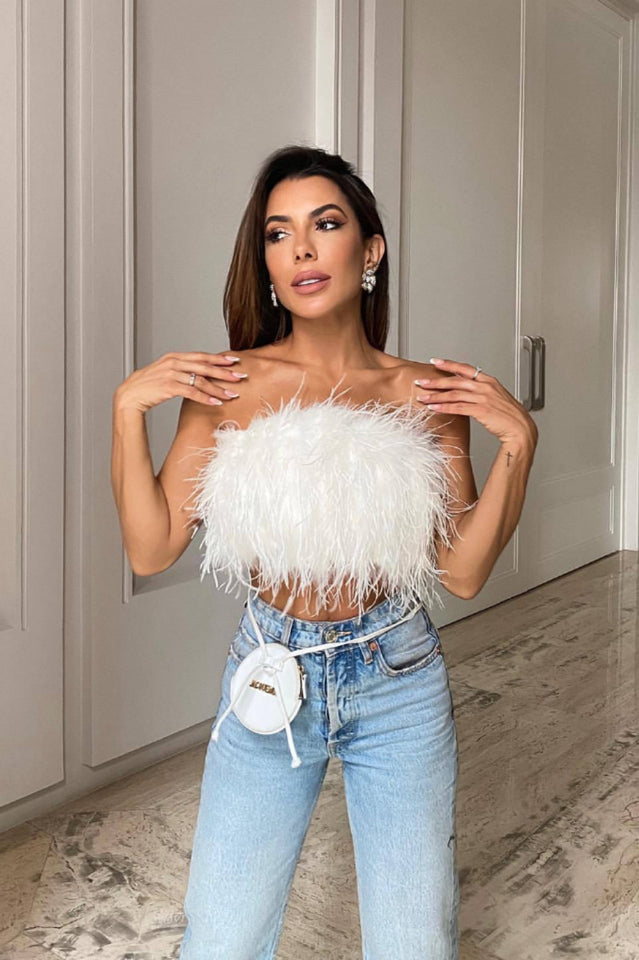 Fancy Strapless Feather Crop Top