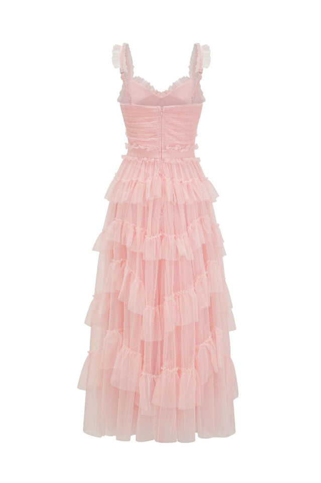 Ruffle V Neck Tiered Tulle Evening Dress
