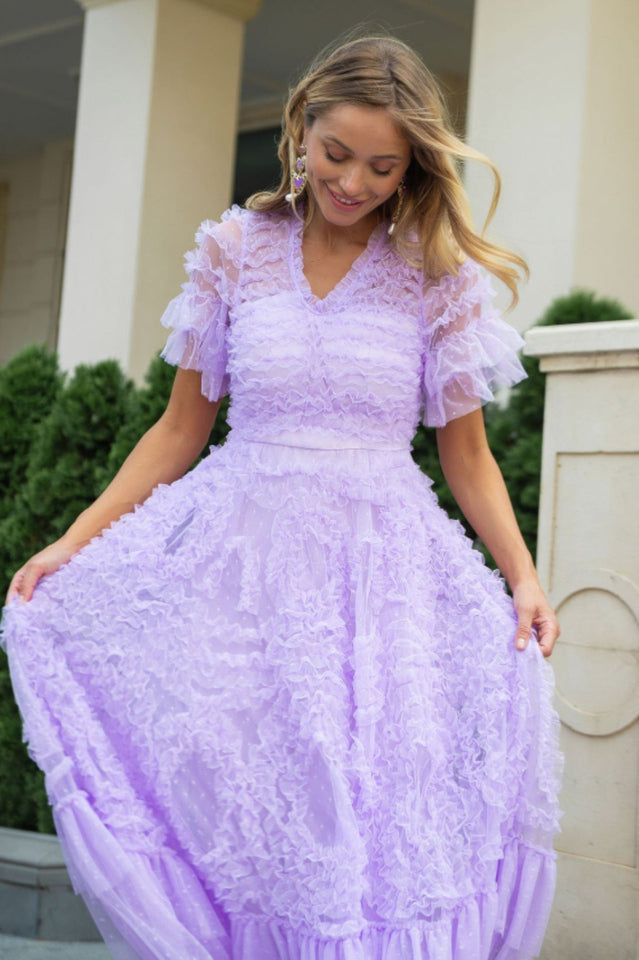 Ruffle Tiered Spotted Tulle Maxi Dress