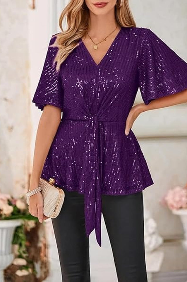 GRACE KARIN Sequin Ruffle Top