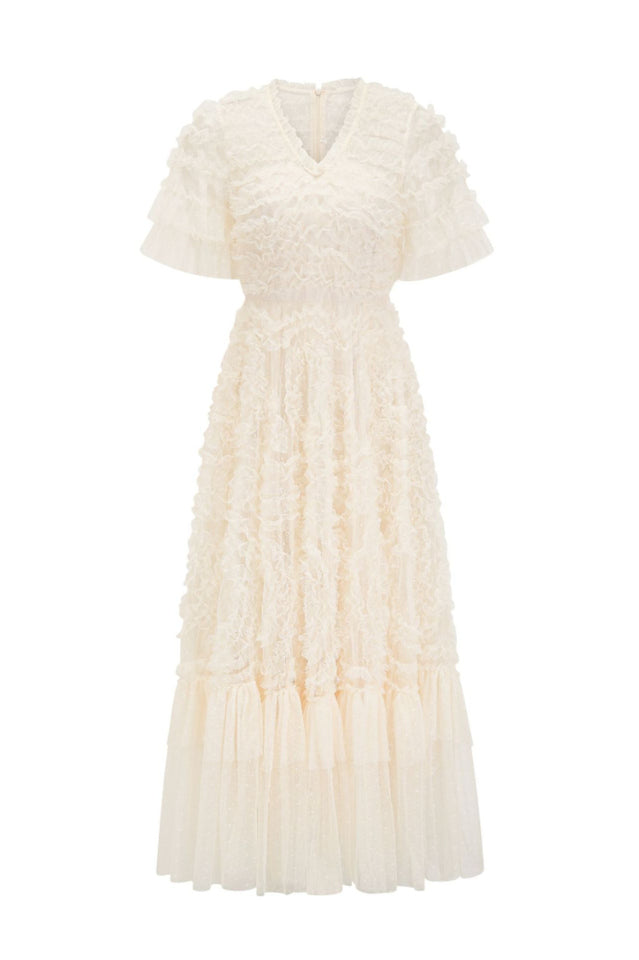 Ruffle Tiered Spotted Tulle Maxi Dress