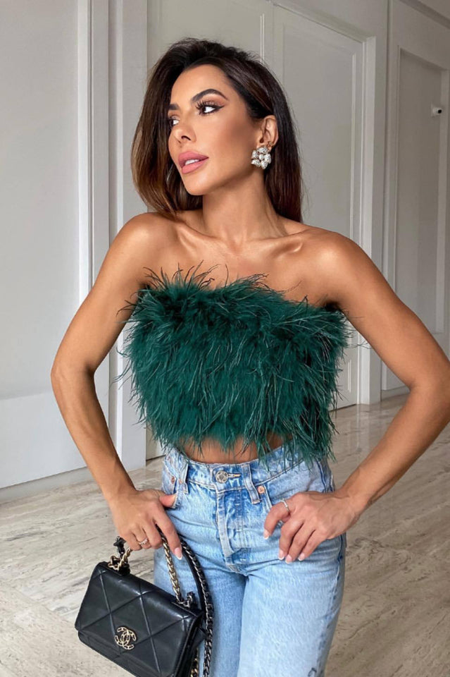 Fancy Strapless Feather Crop Top