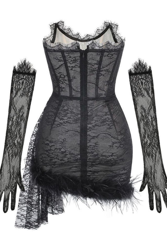 Queena Strapless Feather Trim Lace Dress