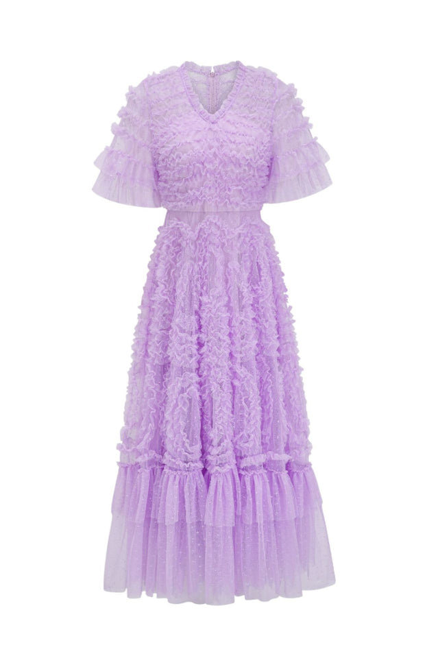 Ruffle Tiered Spotted Tulle Maxi Dress