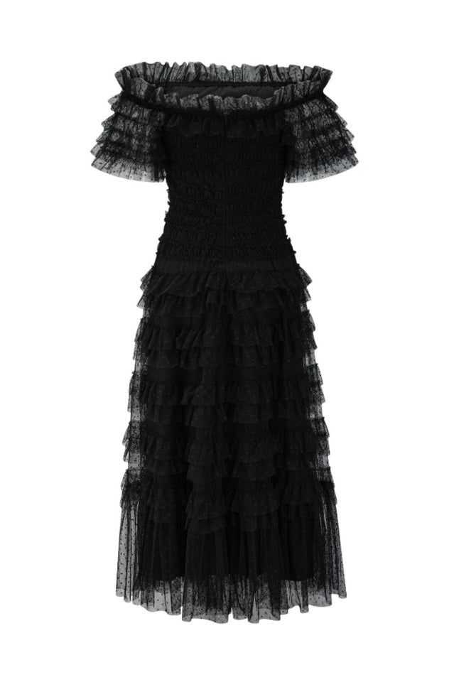 Off Shoulder Dotted Tulle Maxi Dress