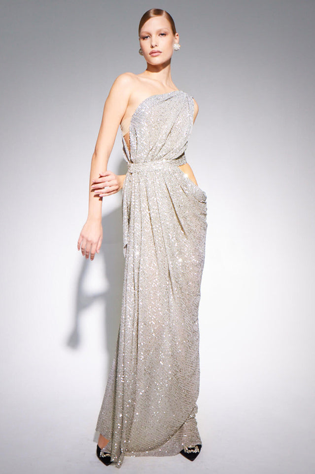 One Shoulder Sequins Cut Out Split Maxi Dress