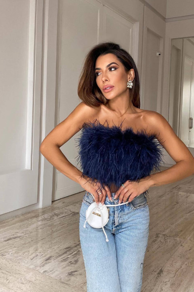 Fancy Strapless Feather Crop Top