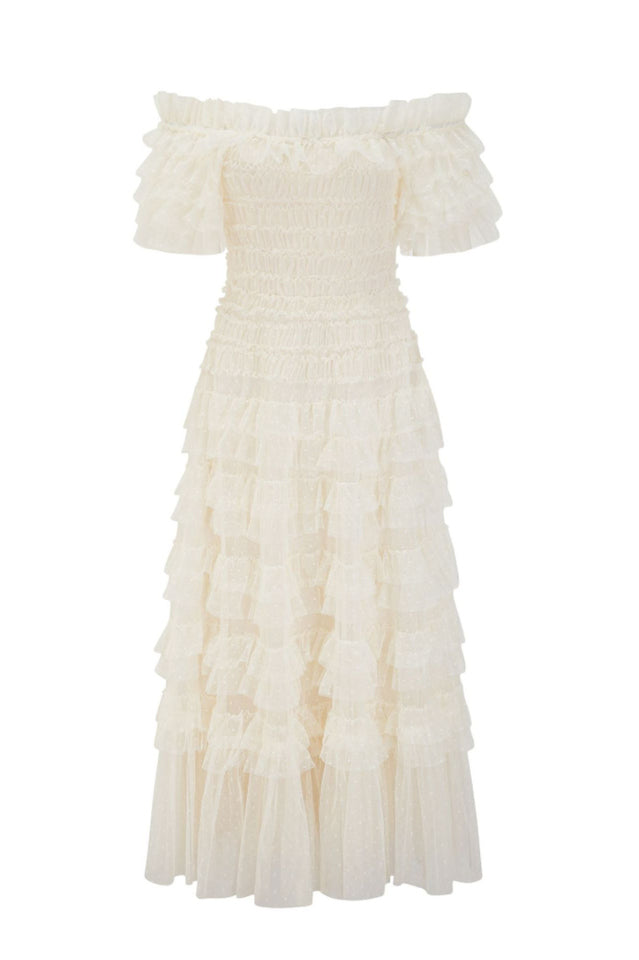 Off Shoulder Dotted Tulle Maxi Dress
