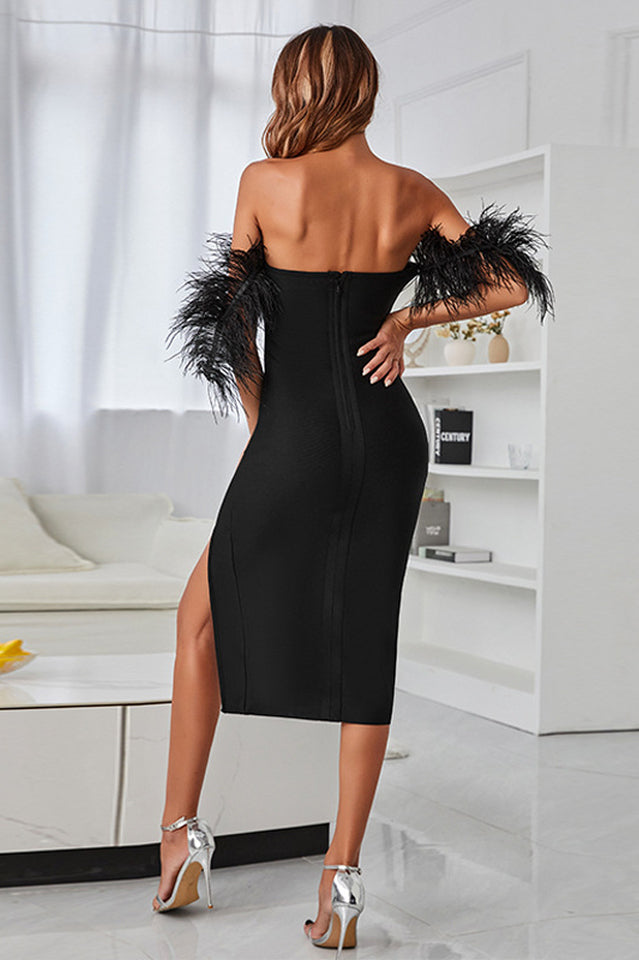 Feather Trim Off-Shoulder Split Dress