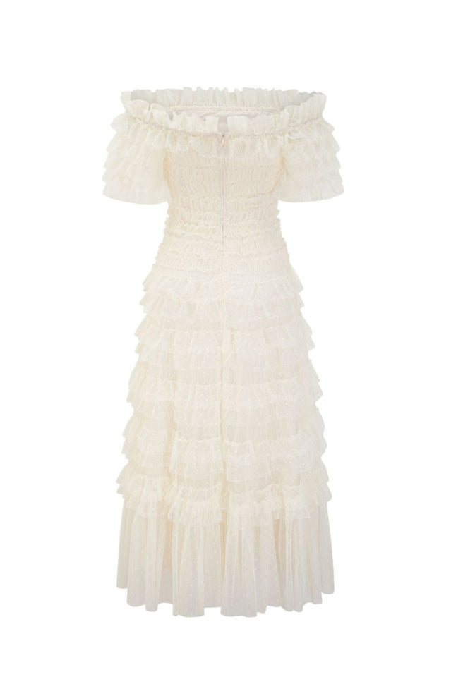 Off Shoulder Dotted Tulle Maxi Dress