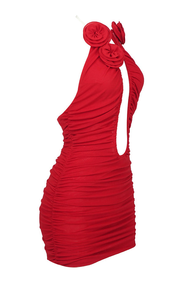 Rose-Appliqué Ruched Mini Dress